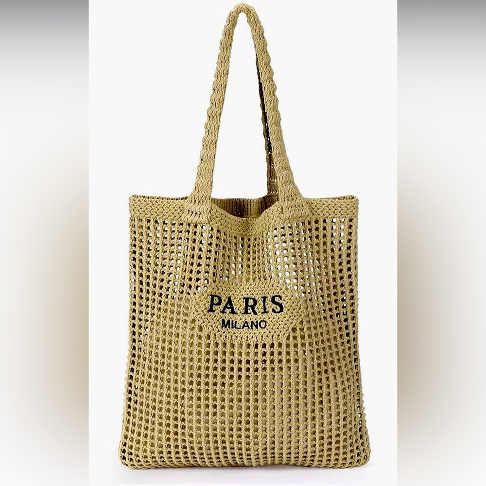 Tan Mesh Tote Bag with Paris Milano text.
Chic bag for beach, everyday, resort!